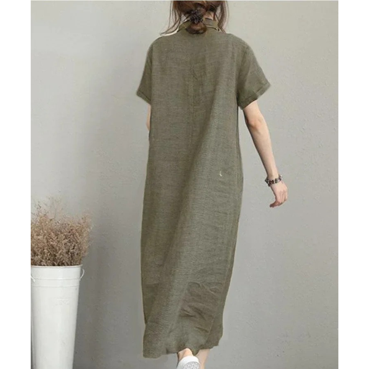VIDA Graues einfaches leichtes bequemes Leinenkleid