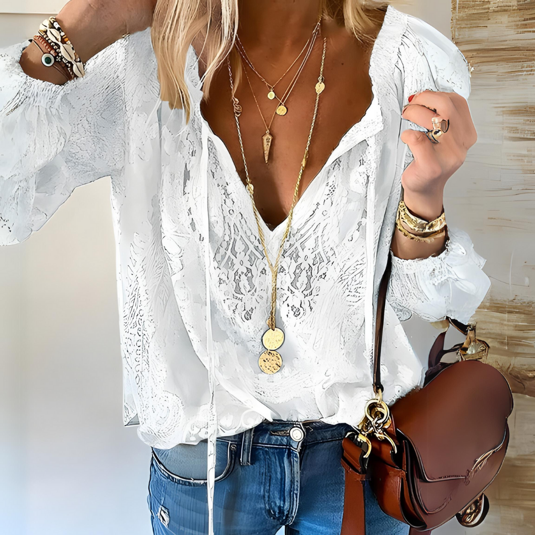Zephyr | Bluse Spitze Lockere Passform V Ausschnitt Bluse Langarm Top