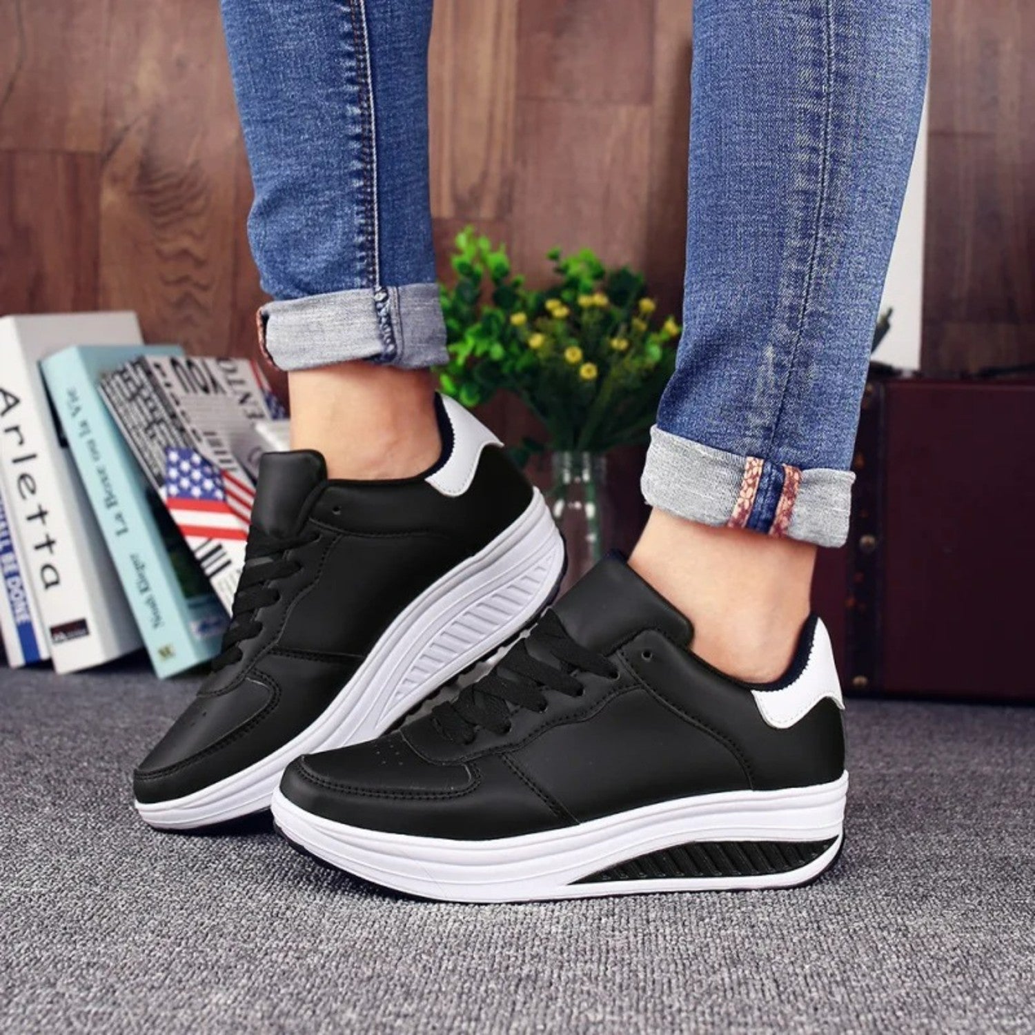 MODA Sportstil Schwarzes Leder Bequeme Orthopädische Schuhe