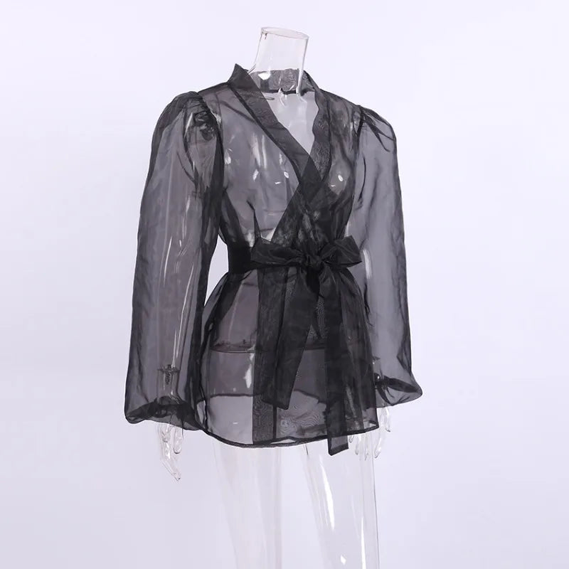 Zephyr | Durchsichtige Organza-Bluse mit Bindegürtel