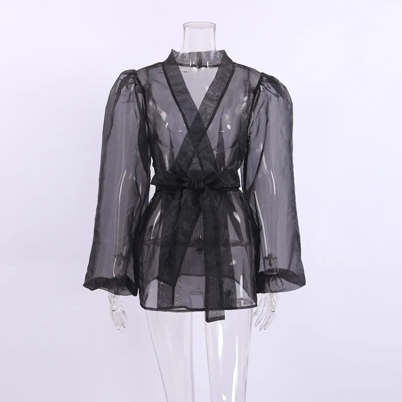 Zephyr | Durchsichtige Organza-Bluse mit Bindegürtel