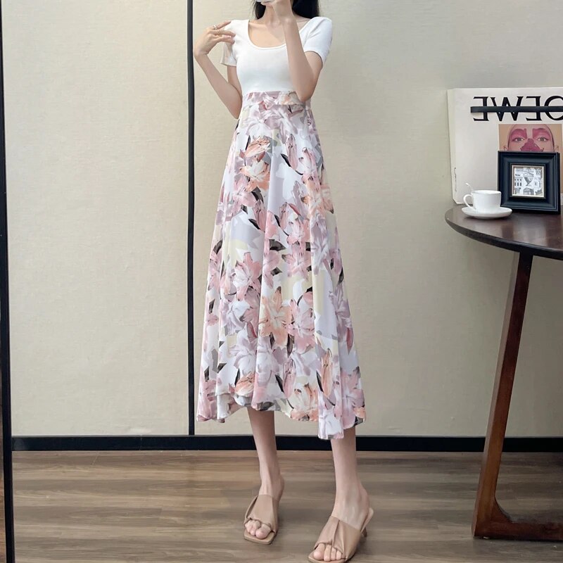 Liora | Chiffonrock mit Blumenmuster und Hochtaillenschnitt für Damen