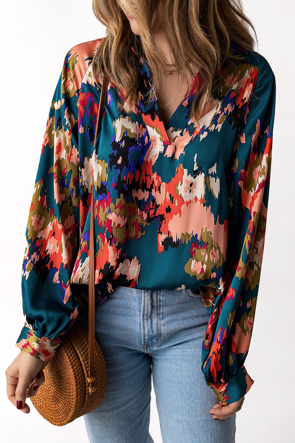 Zephyr | Graffiti-Print V-Ausschnitt Bluse mit Puffärmeln Für Frauen