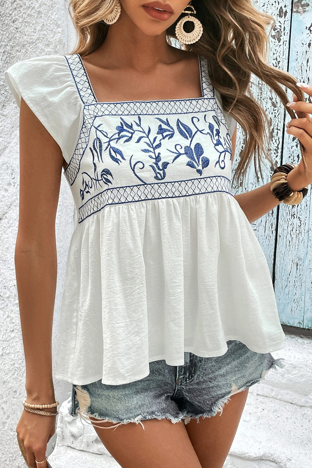 Zephyr | bestickte Peplum-Bluse mit eckigem Ausschnitt Für Frauen