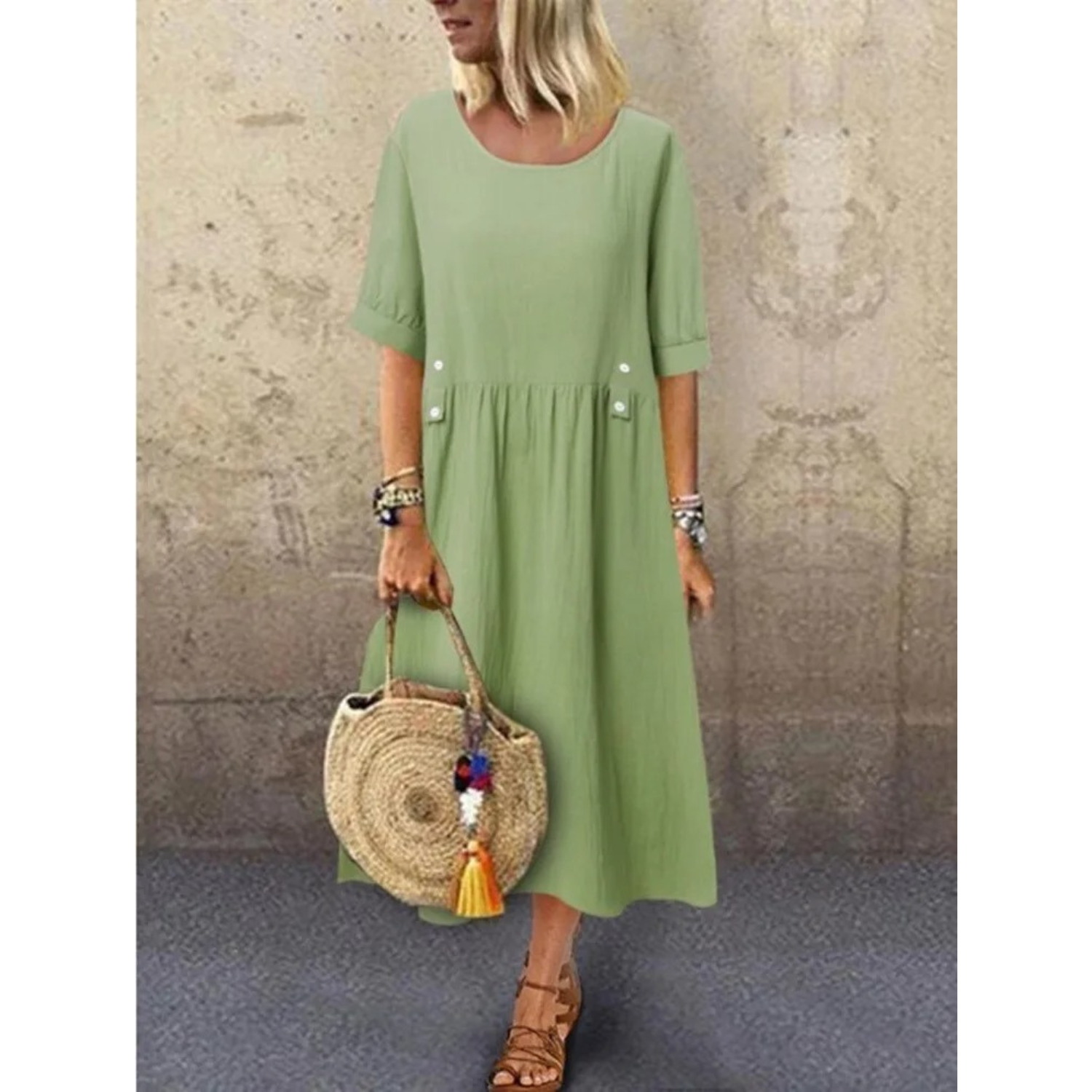 VIDA weißes einfaches bequemes knöpfbares Leinenkleid