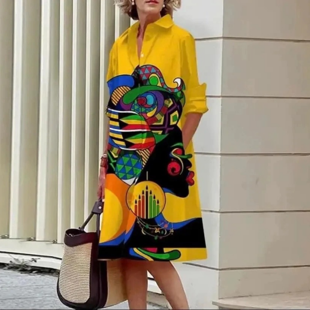 VIDA Grünes lockeres Patchwork-Blusenkleid