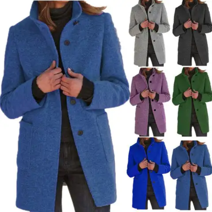Elegora - Damen Mantel Einreihig, Wolloptik, Mit Stehkragen und Aufgesetzten Taschen