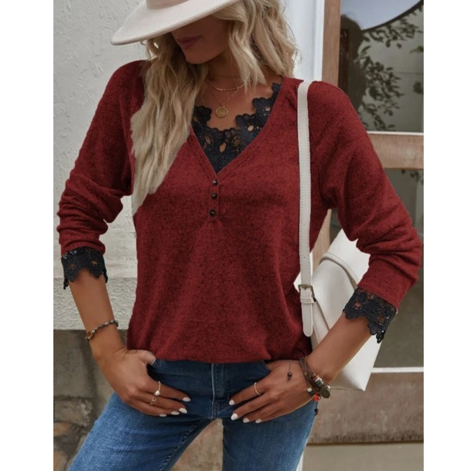 VIDA Violette V-Ausschnitt Knopf Kanten bequeme Damen Blusen
