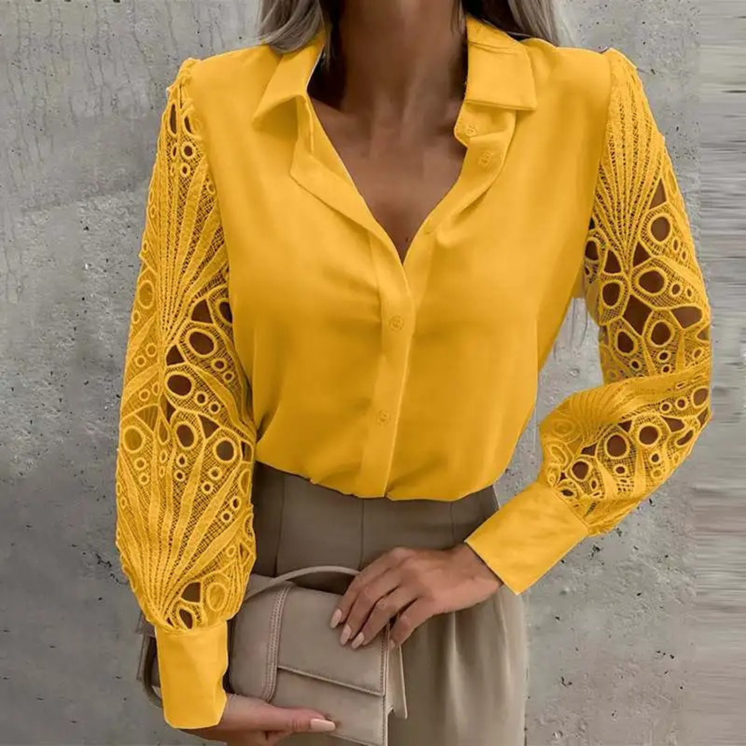 VIDA Elegante Weiße hohle Prints mit Revers Damen Blusen