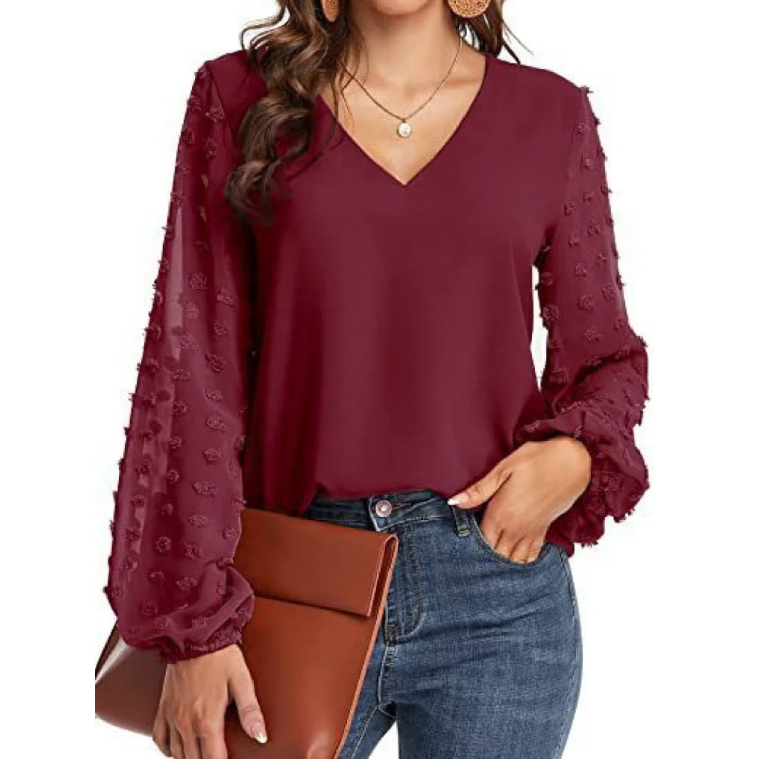 VIDA Braune bedruckte bequeme Damen Blusen mit V-Ausschnitt