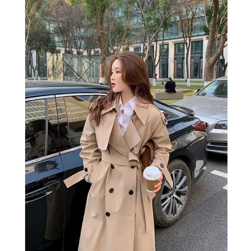 Elegant - Damen Mantel Langer Trenchcoat-Stil, Doppelreihig, Mit Gürtel