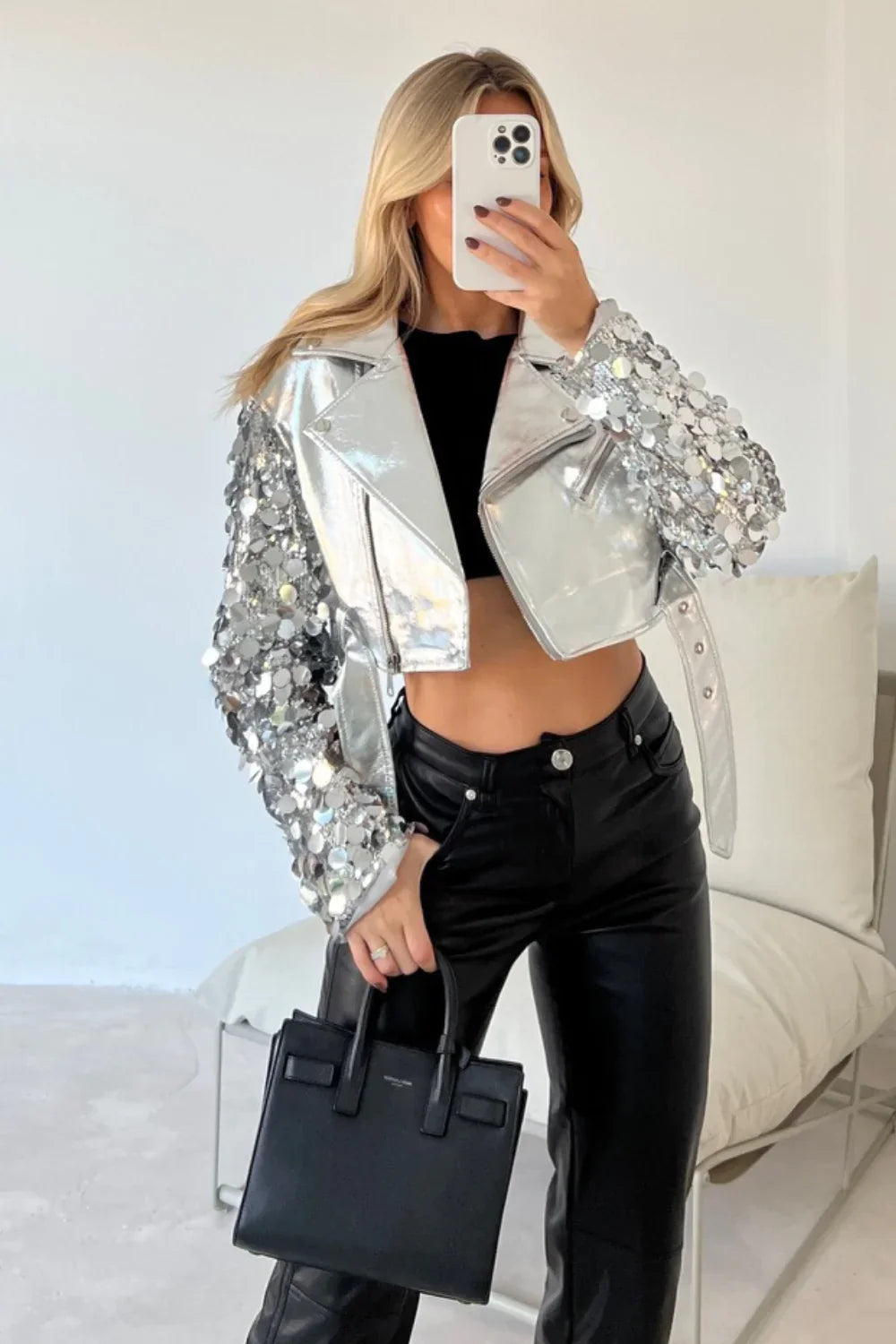 Luna | Lederjacke mit Funkelnden Pailletten und Elegantem Design für Frauen