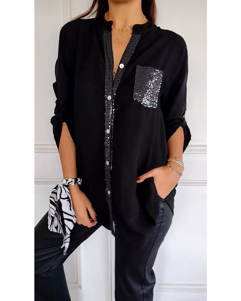 Aurelia | Bluse mit Stilvollem Paillettenbesatz und Eleganter Knopfleiste für Damen