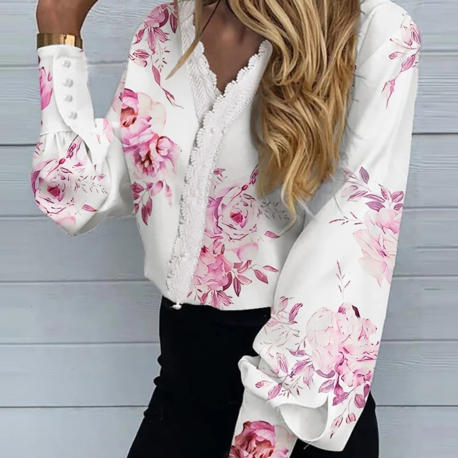 VIDA Geschäftsstil eleganter V-Ausschnitt Spitze hoch Damen Blusen