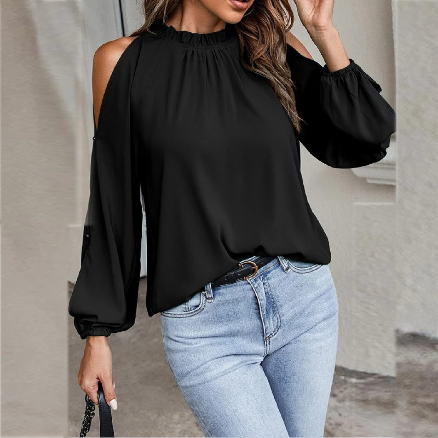 VIDA Elastische einfache schlanke schwarze Damen Blusen