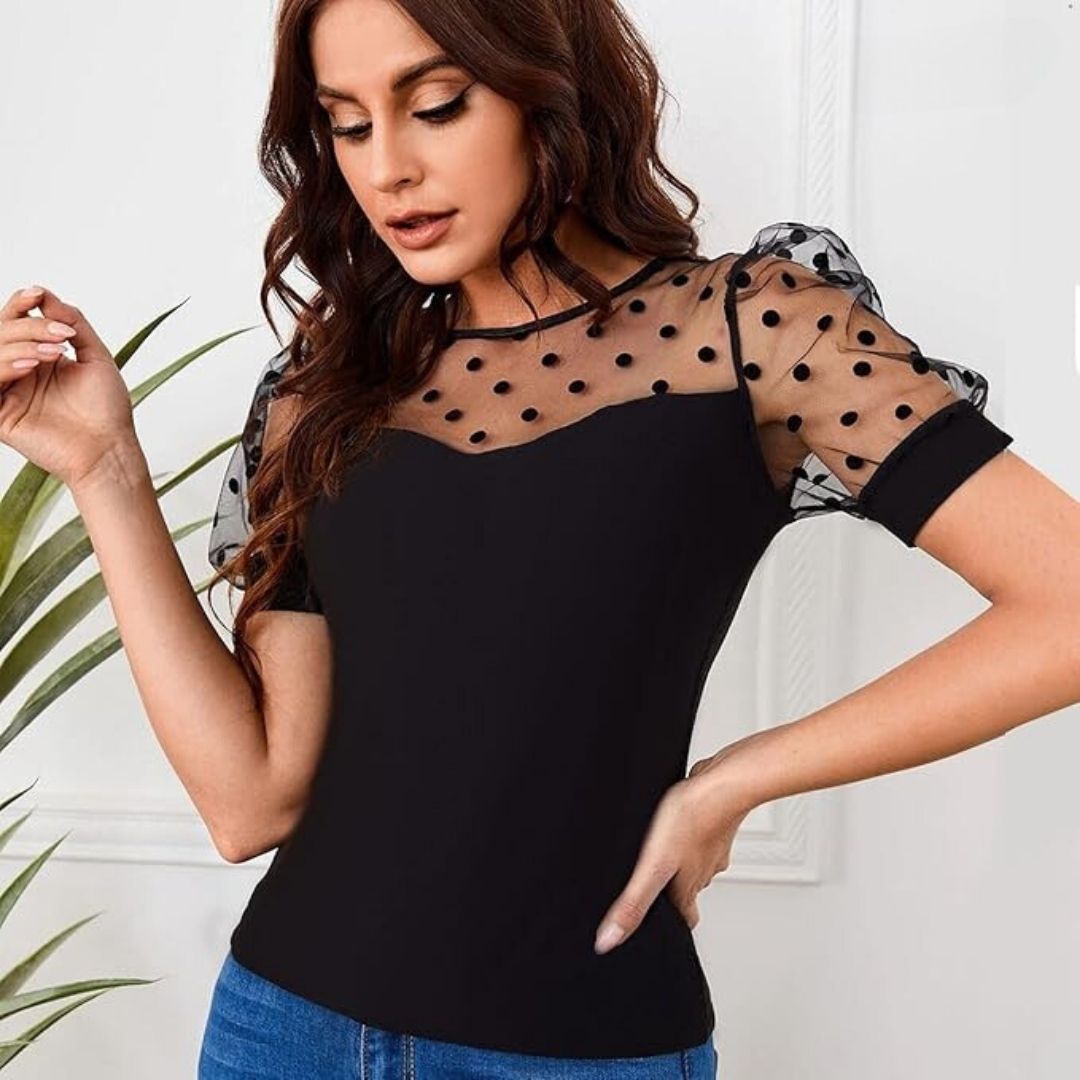 Zephyr | Bluse mit Tupfen-Mesh und Puffärmeln