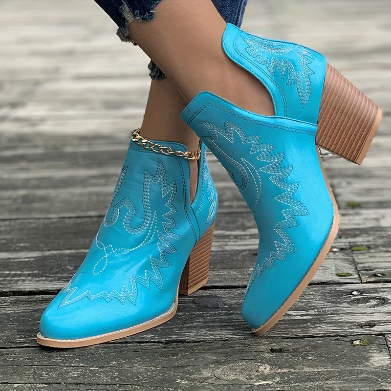 Anmutig - Damen Bestickte Lederstiefeletten - Westernstil, Blockabsatz