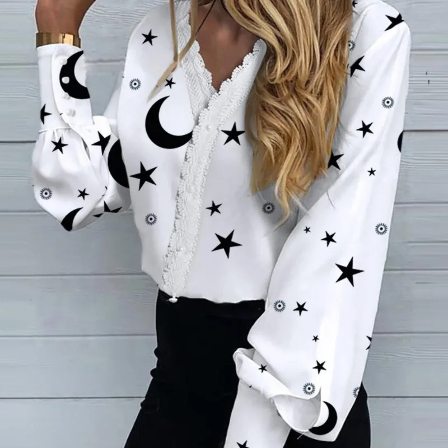 VIDA Geschäftsstil eleganter V-Ausschnitt Spitze hoch Damen Blusen