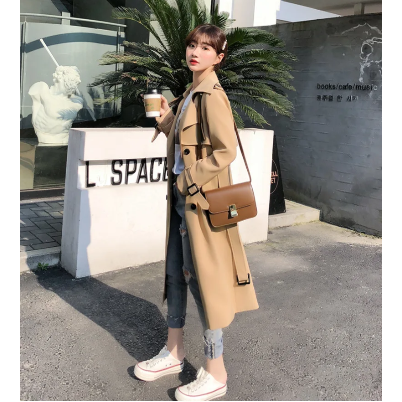 Femineo - Damen Mantel Langer Trenchcoat, Doppelreihig, Mit Gürtel und Klappentaschen