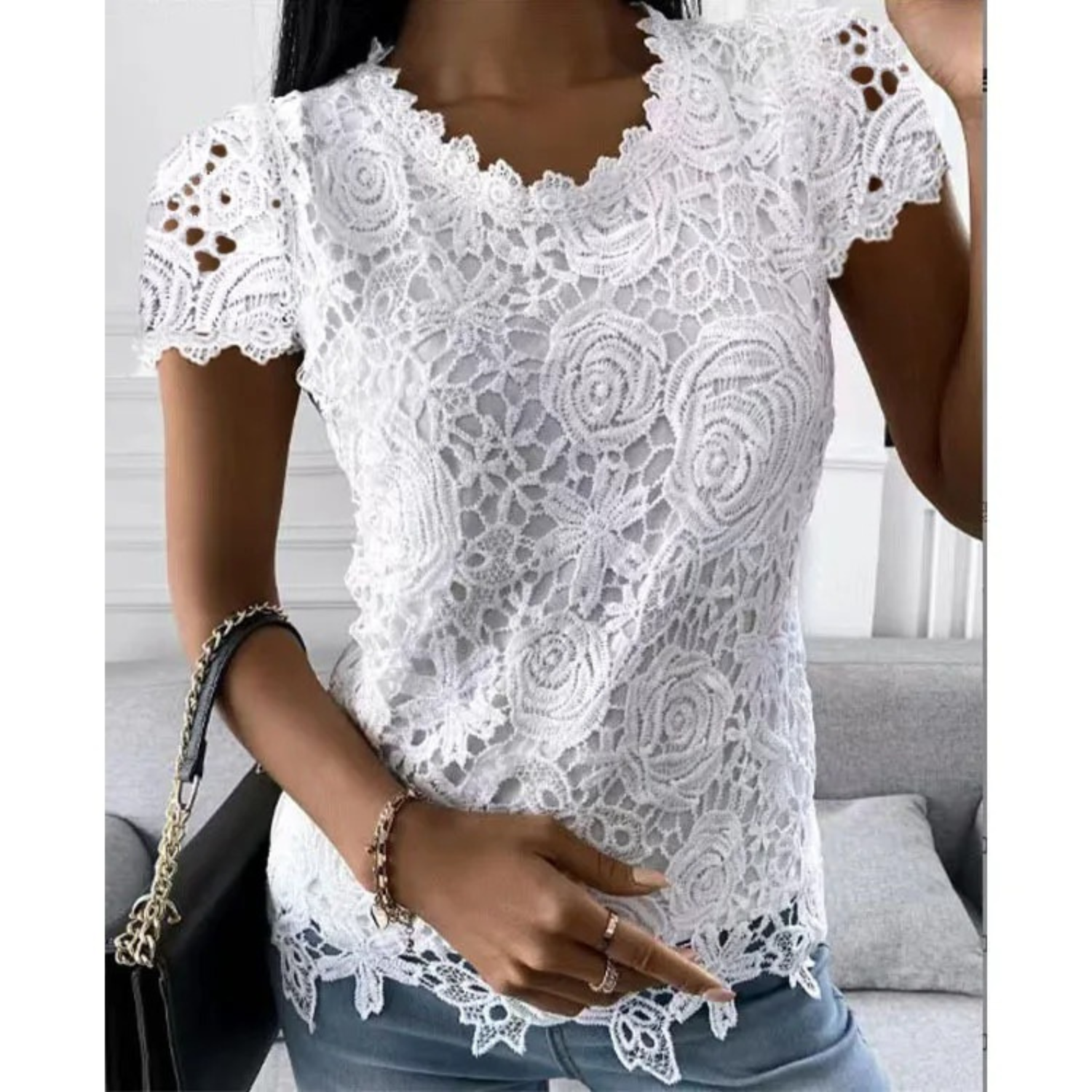 VIDA Elegante Damen Blusen mit Patchwork hohle Prints