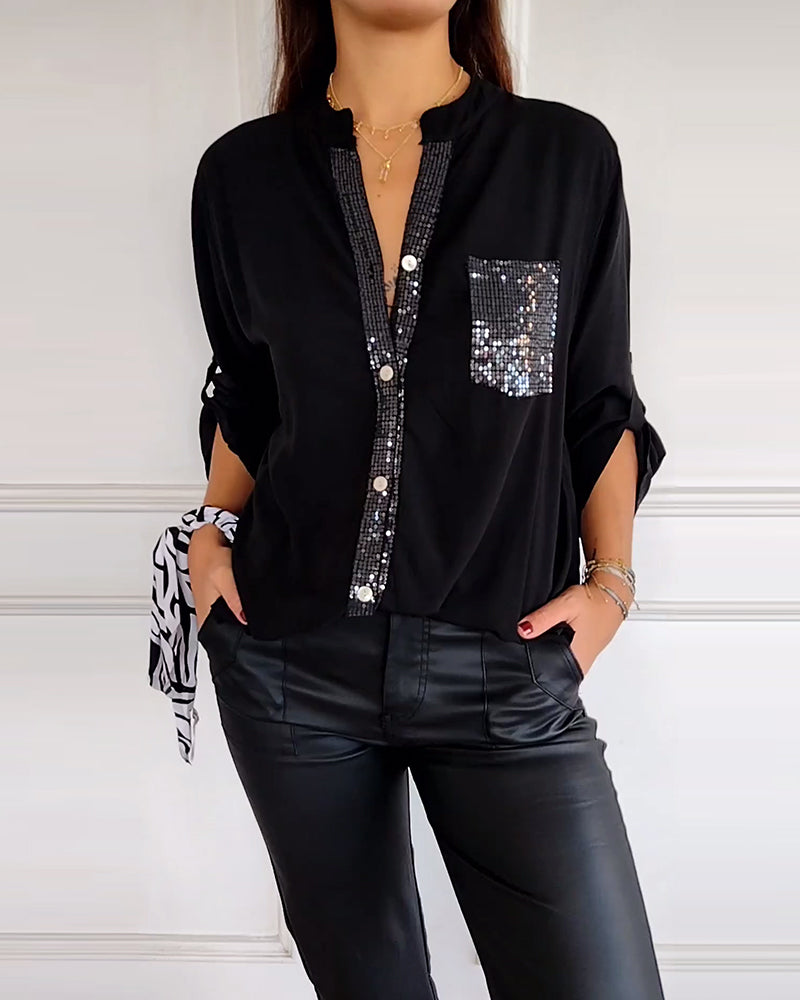 Aurelia | Bluse mit Stilvollem Paillettenbesatz und Eleganter Knopfleiste für Damen