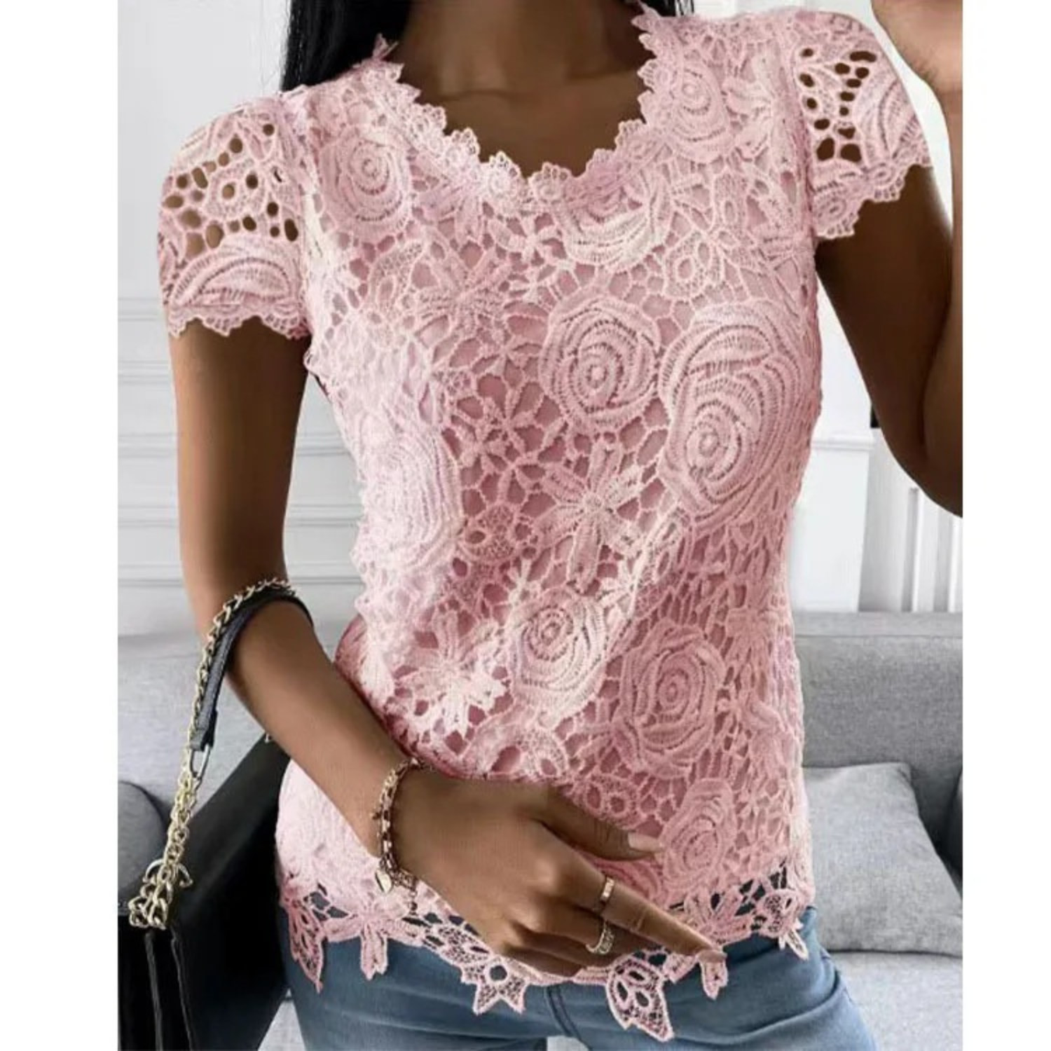VIDA Elegante Damen Blusen mit Patchwork hohle Prints
