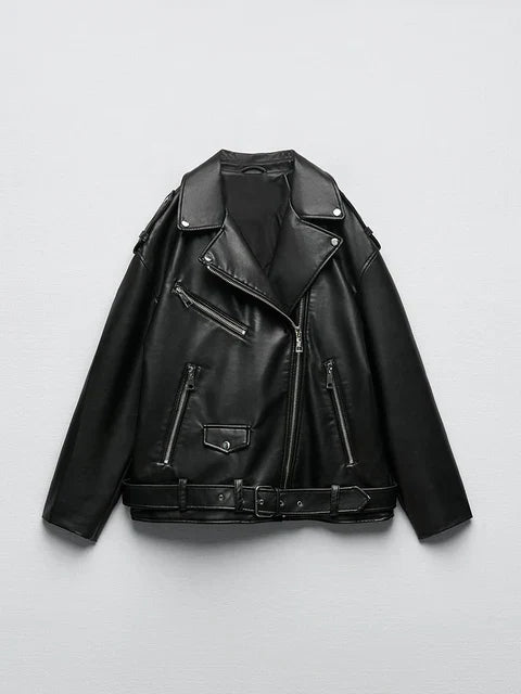 Aria | Bikerjacke aus veganem Leder mit lässigem Schnitt und Gürtel für Damen
