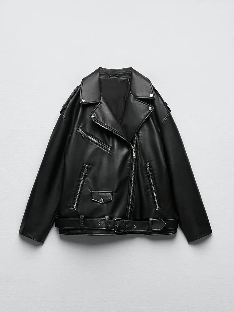 Aria | Bikerjacke aus veganem Leder mit lässigem Schnitt und Gürtel für Damen