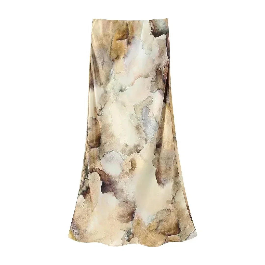 Mira | Midi Rock mit Eleganter Satin-Optik und Vintage-Tie-Dye-Muster für Frauen