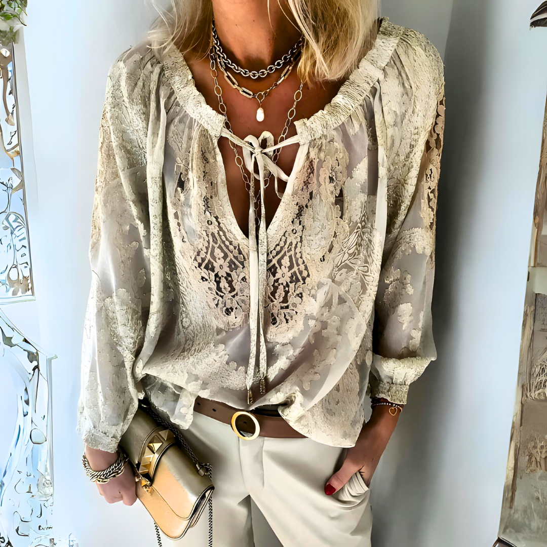 Zephyr | Bluse Spitze Lockere Passform V Ausschnitt Bluse Langarm Top