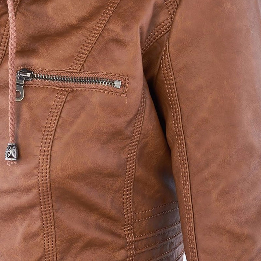 Livia | Leder Sommermantel mit Elegantem Design und Abnehmbarer Kapuze für Damen
