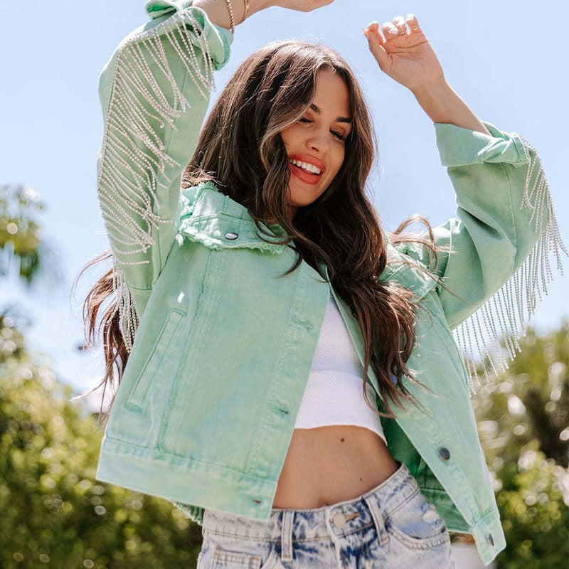 Luna | Jeansjacke mit Glitzerfransen und Stil für Frauen