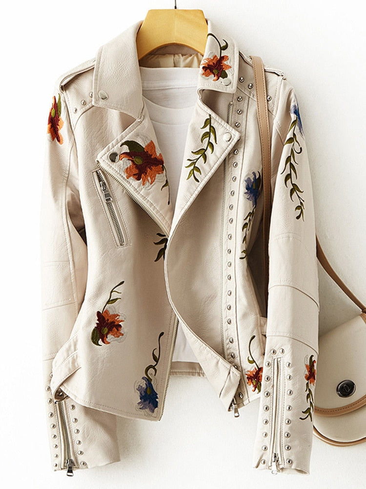 Liora | Lederjacke mit Detailreicher Stickerei und Retro-Print für Damen