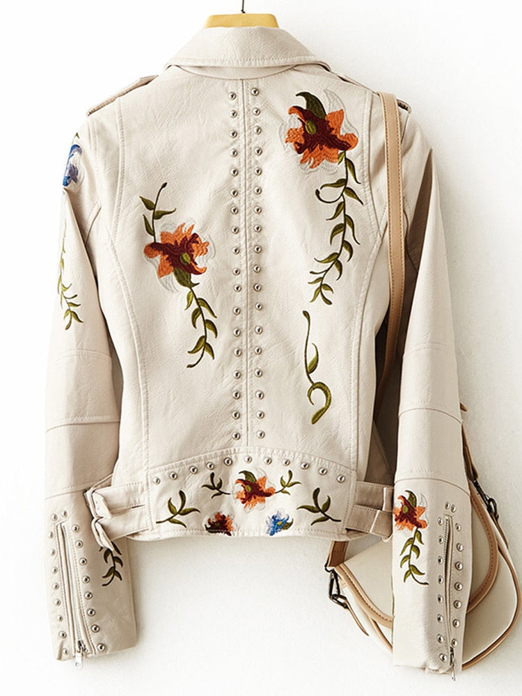 Liora | Lederjacke mit Detailreicher Stickerei und Retro-Print für Damen
