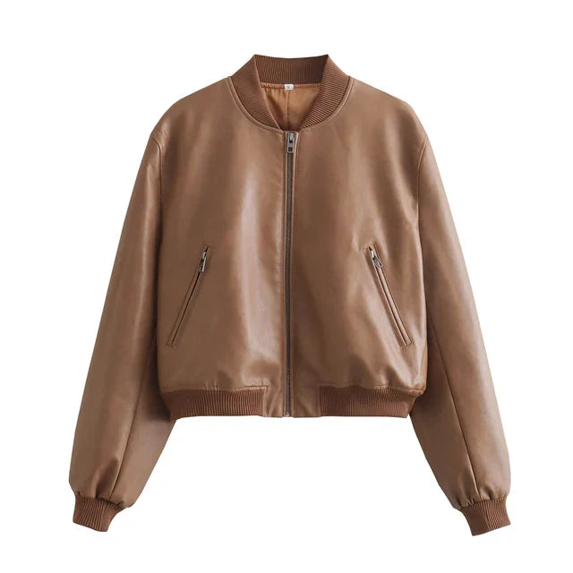 Livia | Bomberjacke mit Vintage PU-Leder und praktischen Taschen für Damen
