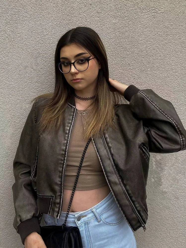 Livia | Bomberjacke mit Vintage PU-Leder und praktischen Taschen für Damen