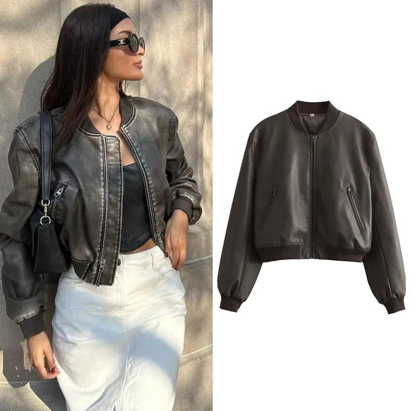 Livia | Bomberjacke mit Vintage PU-Leder und praktischen Taschen für Damen