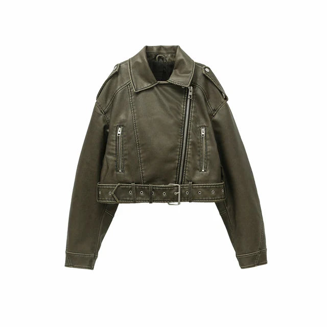 Aurora | Kurzjacke aus Kunstleder mit Lässigem Vintage-Stil und Gürtel für Damen