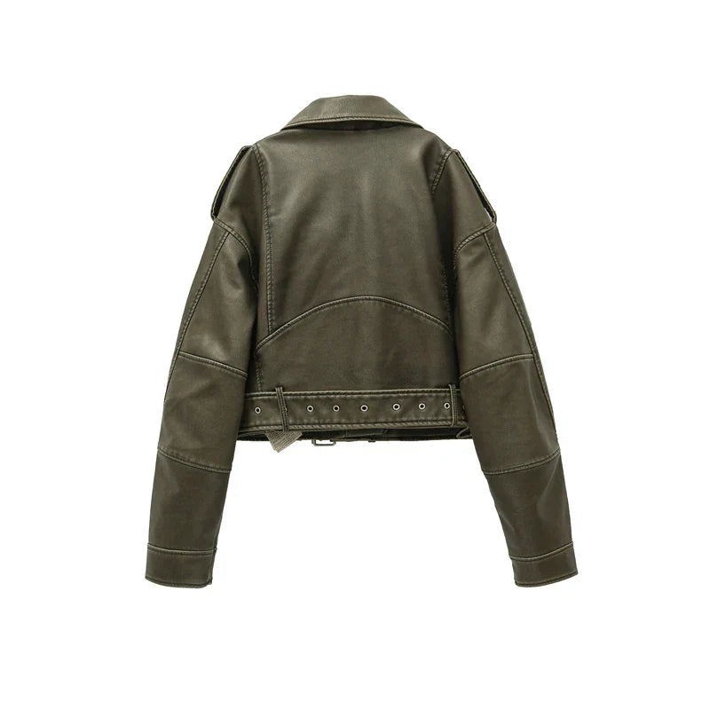 Aurora | Kurzjacke aus Kunstleder mit Lässigem Vintage-Stil und Gürtel für Damen